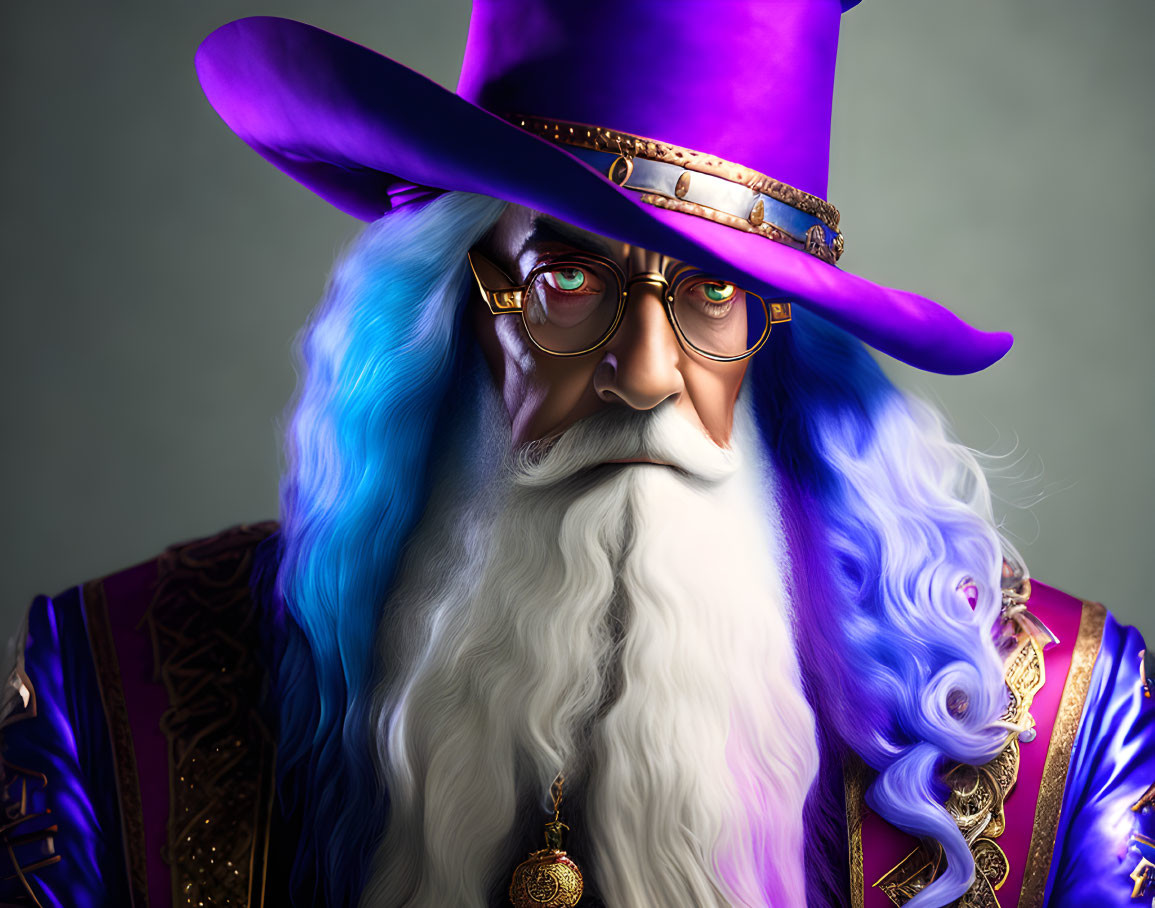 Illustration of dignified character with white beard, purple hat, glasses, and ornate robes