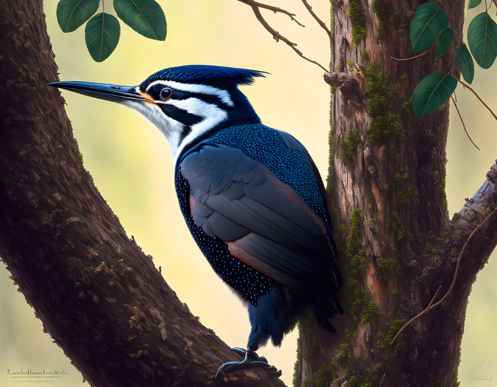 Vibrant blue kingfisher with long beak perched on tree trunk