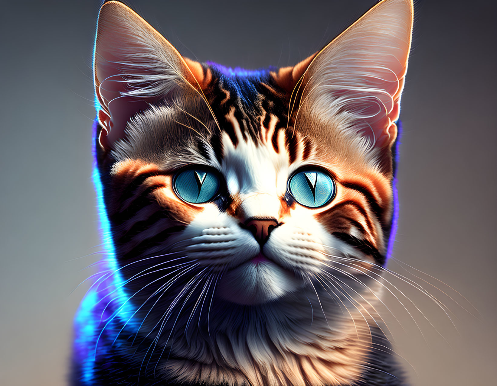 Detailed Hyper-Realistic Cat Illustration with Blue Eyes and Orange, Black, White Fur