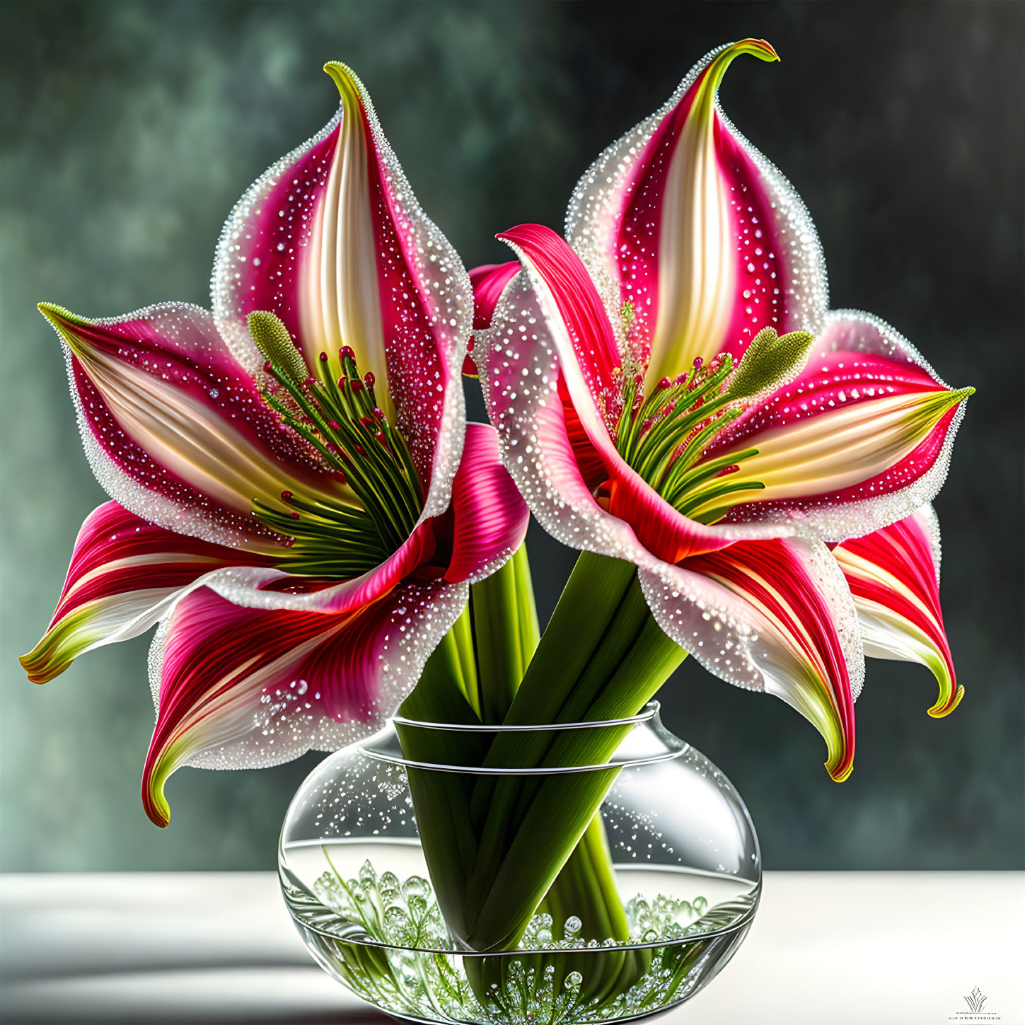 Hyper-realistic digital art: Red and white striped lilies with dewdrops in glass vase