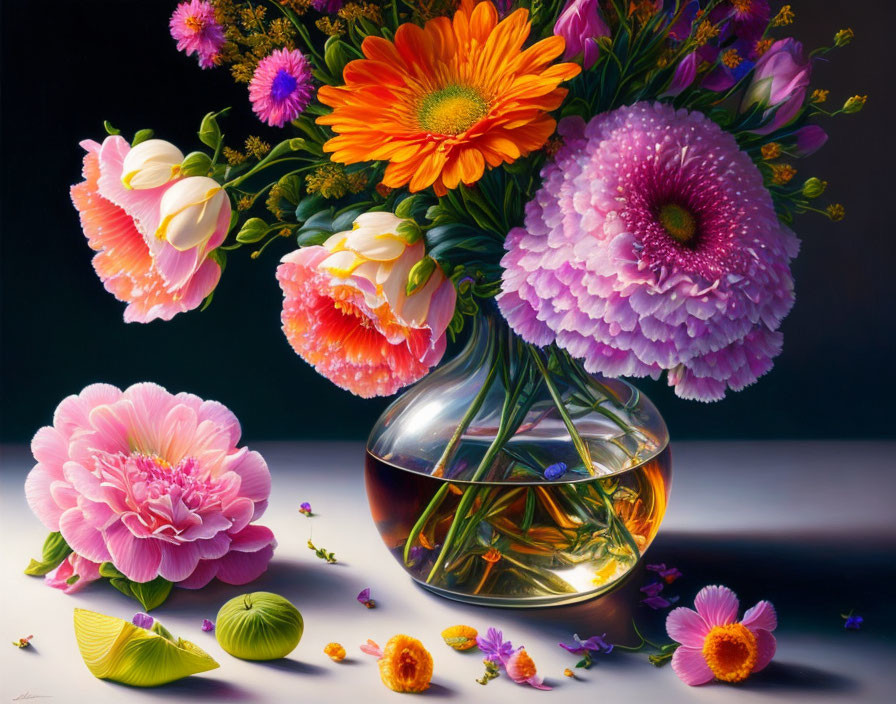 Colorful Still Life Painting of Mixed Flowers in Glass Vase