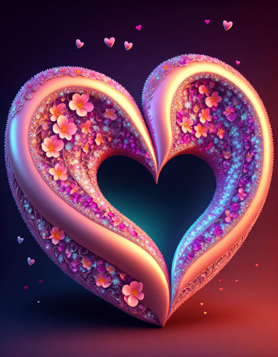 Heart-shaped structure with flowers and sparkles on pink and blue gradient.