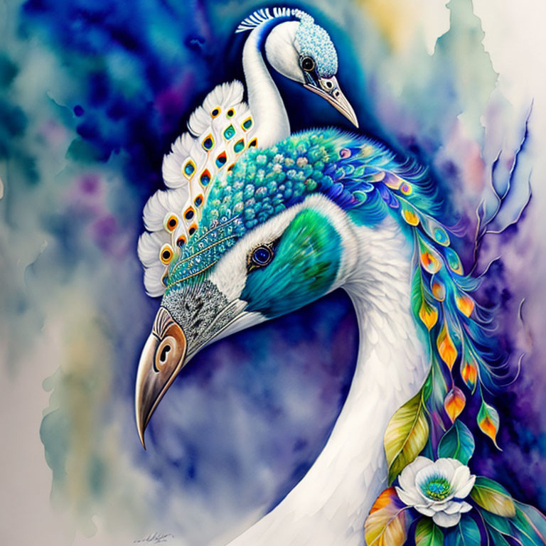 Colorful artwork of fantastical bird with peacock feathers and intricate decorations