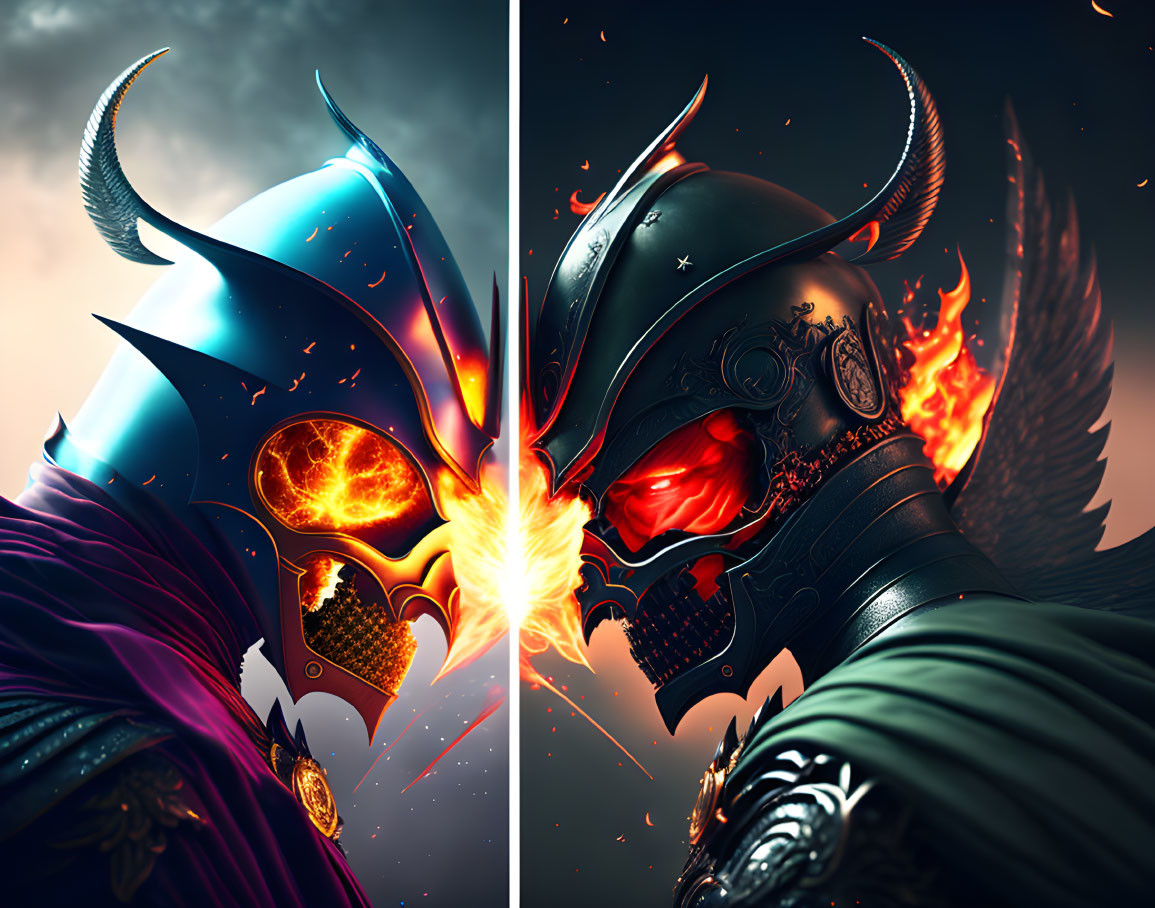 Dual fantasy characters in ornate helmets: one cool blue, the other dark fiery.
