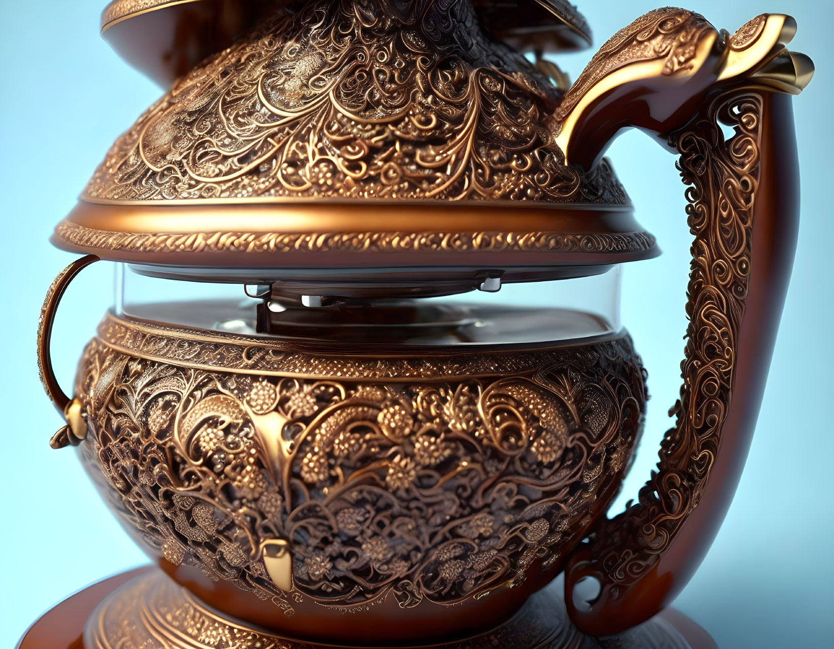 Intricately embossed metallic teapot on soft blue background