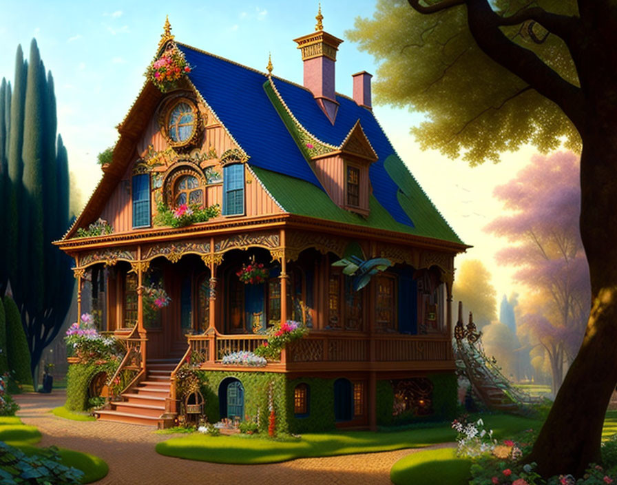 Victorian-style house with lush gardens and intricate woodwork at sunset