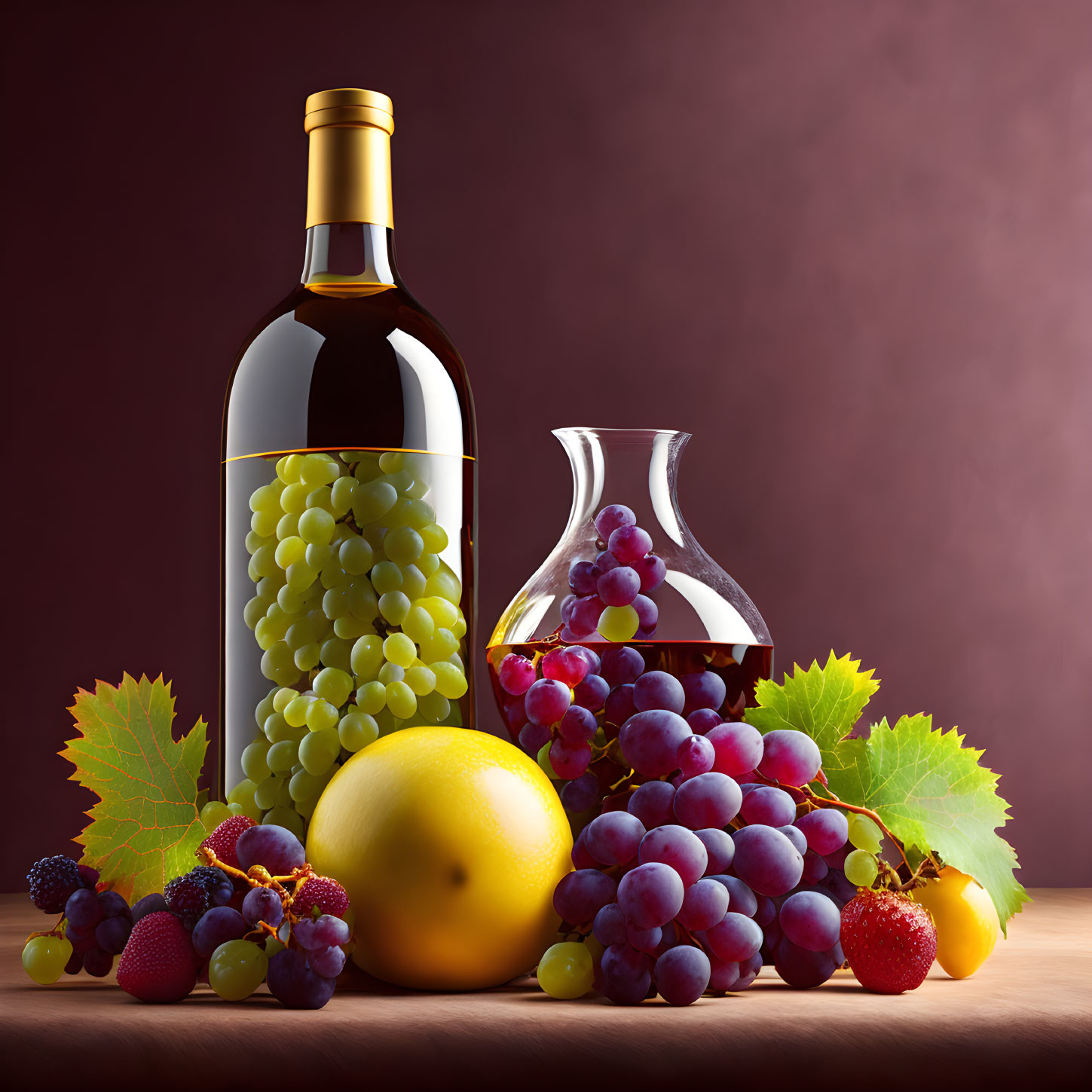 Still-life composition featuring wine bottle, decanter, grapes, lemon, and berries on dark background