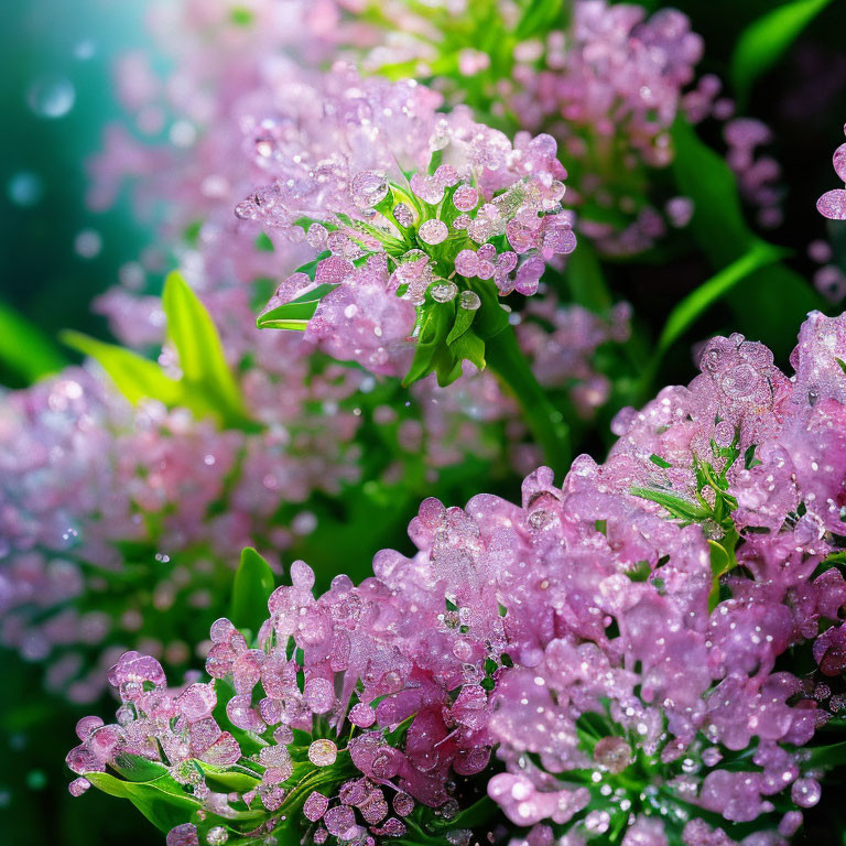 Detailed view of dew-covered pink flowers and green leaves with shimmering water droplets.