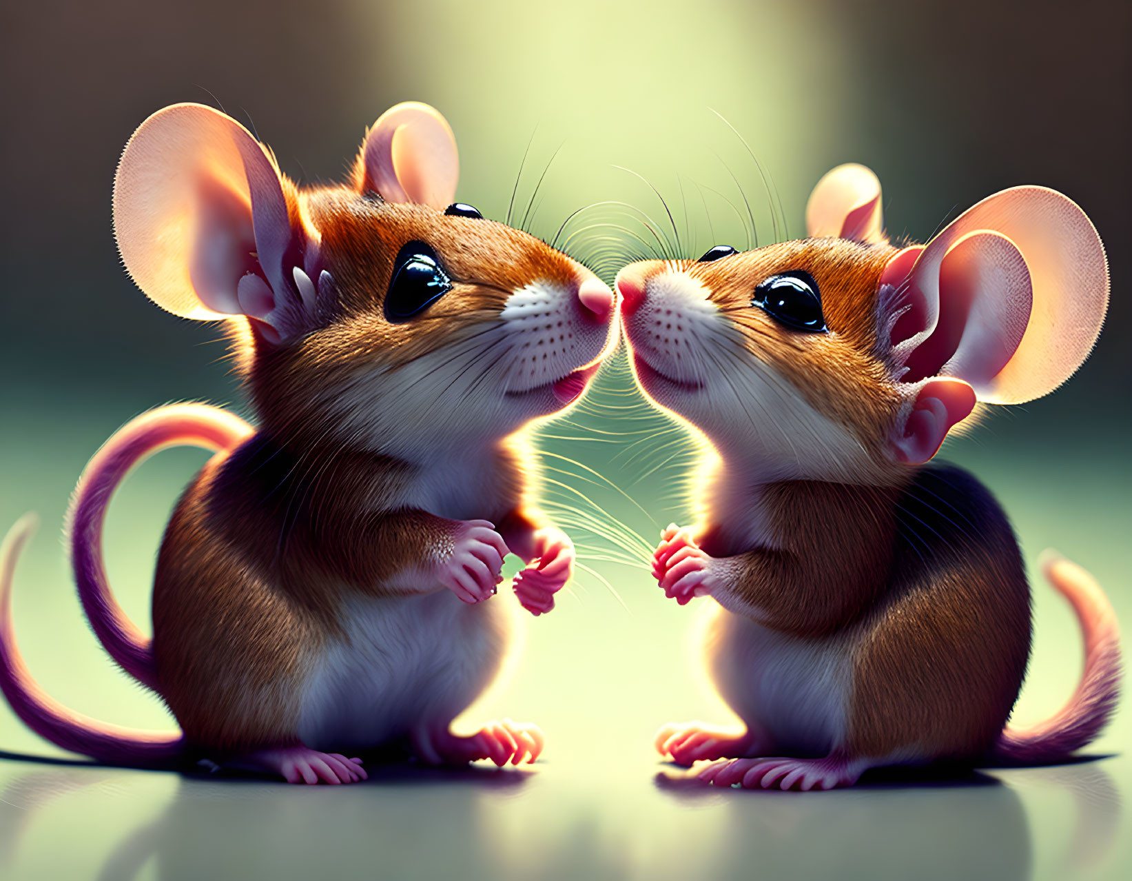 Two expressive animated mice communicating under soft backlighting