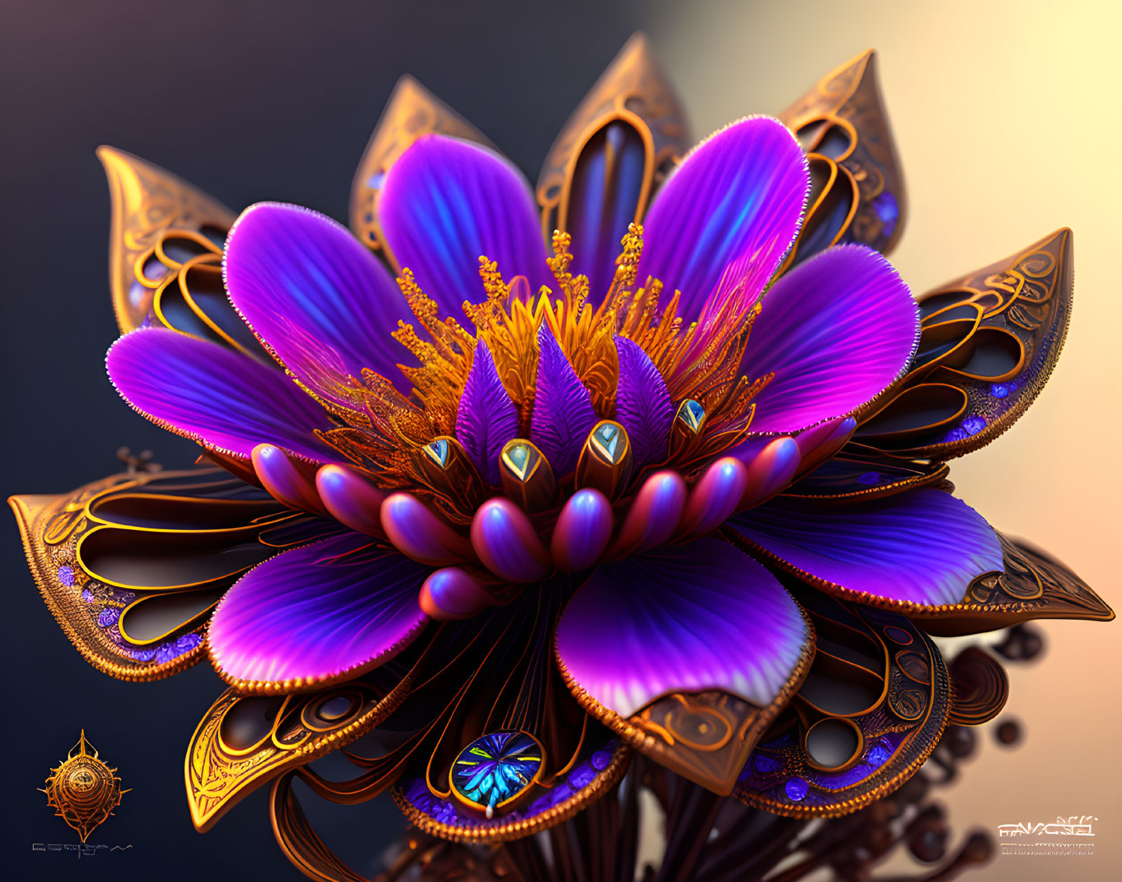 Vivid Digital Art: Fantastical Flower in Purple and Gold