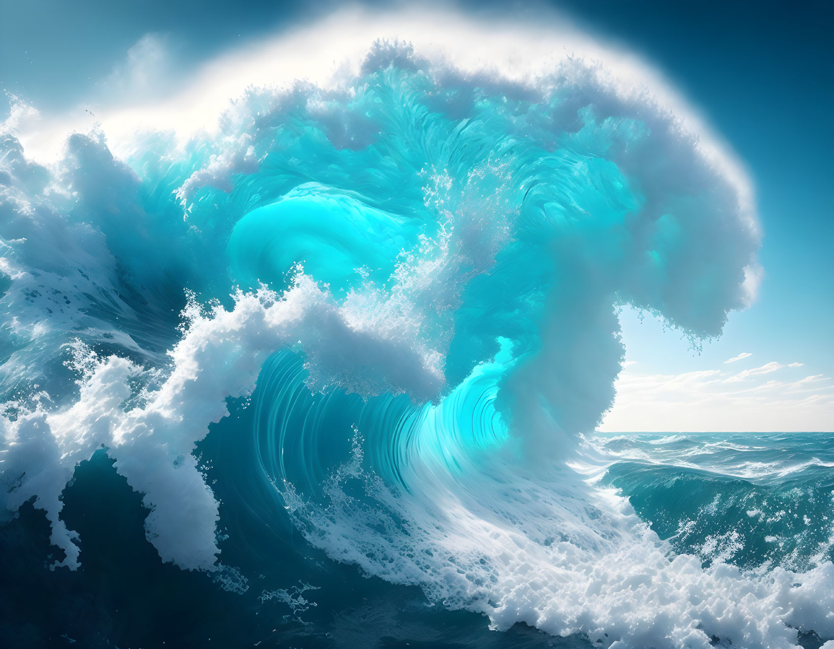 Majestic turquoise wave about to break against bright sky