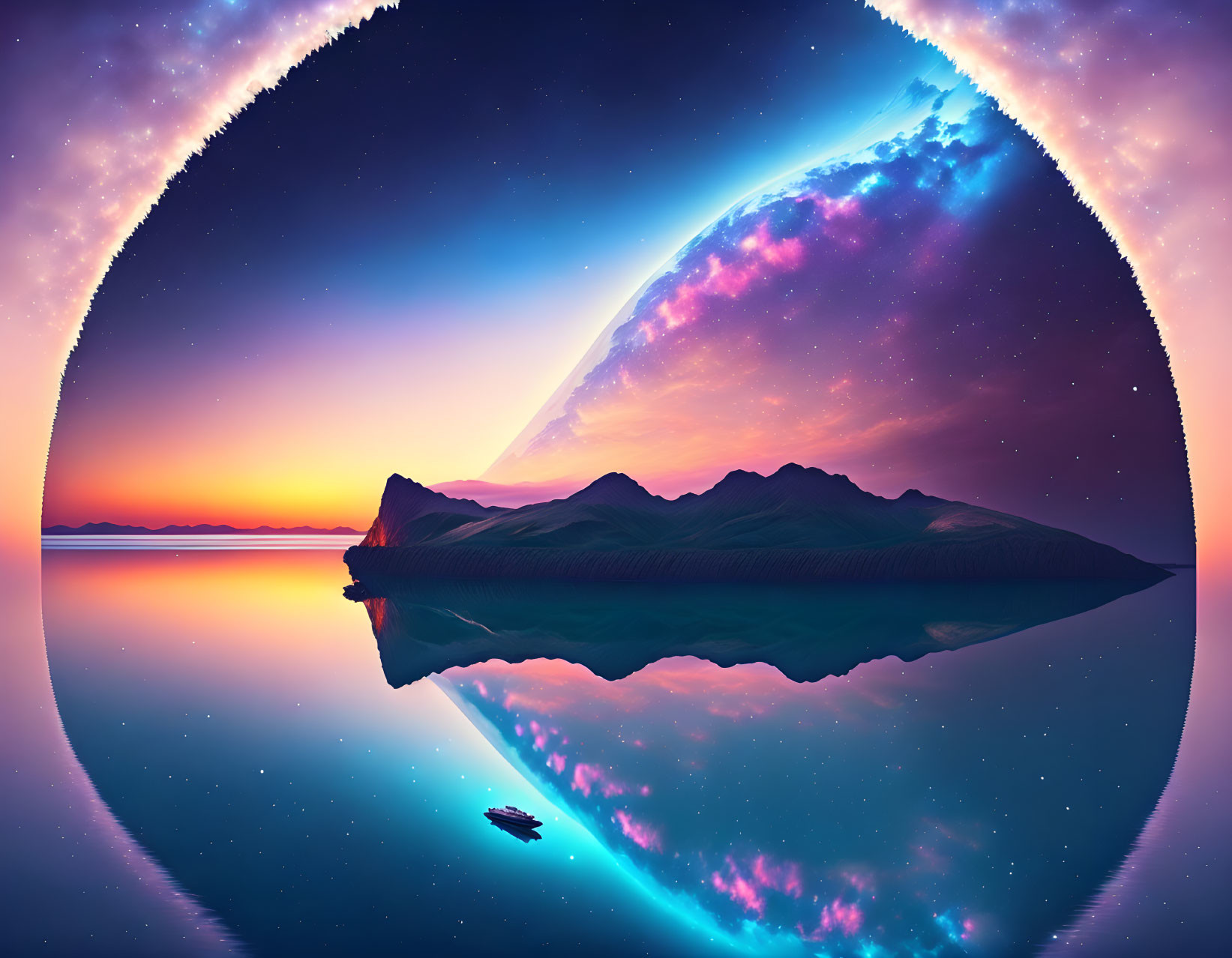 Mountainous island reflected in still waters under twilight sky with surreal planet rising