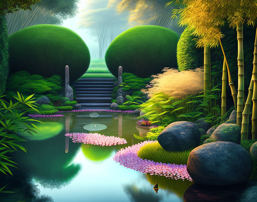 Tranquil digital art garden with bamboo, pond, and hidden path