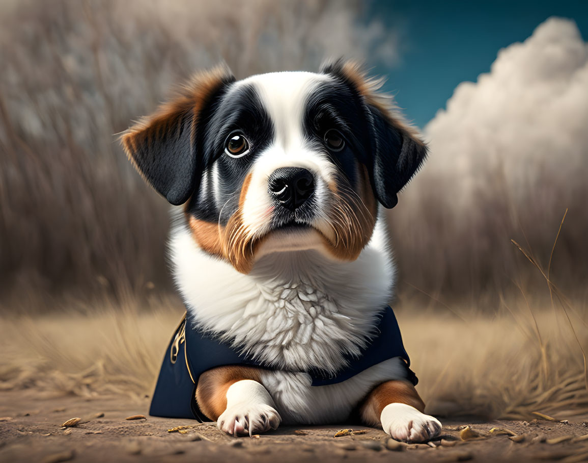 Tricolor Puppy in Blue Cape with Sad Expression Against Cloudy Background