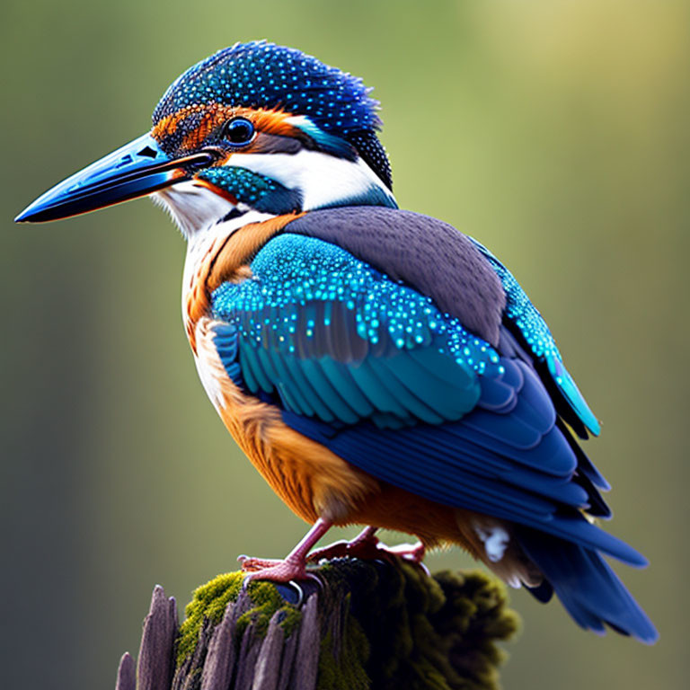 Colorful kingfisher perched on mossy branch with sharp beak and alert eyes