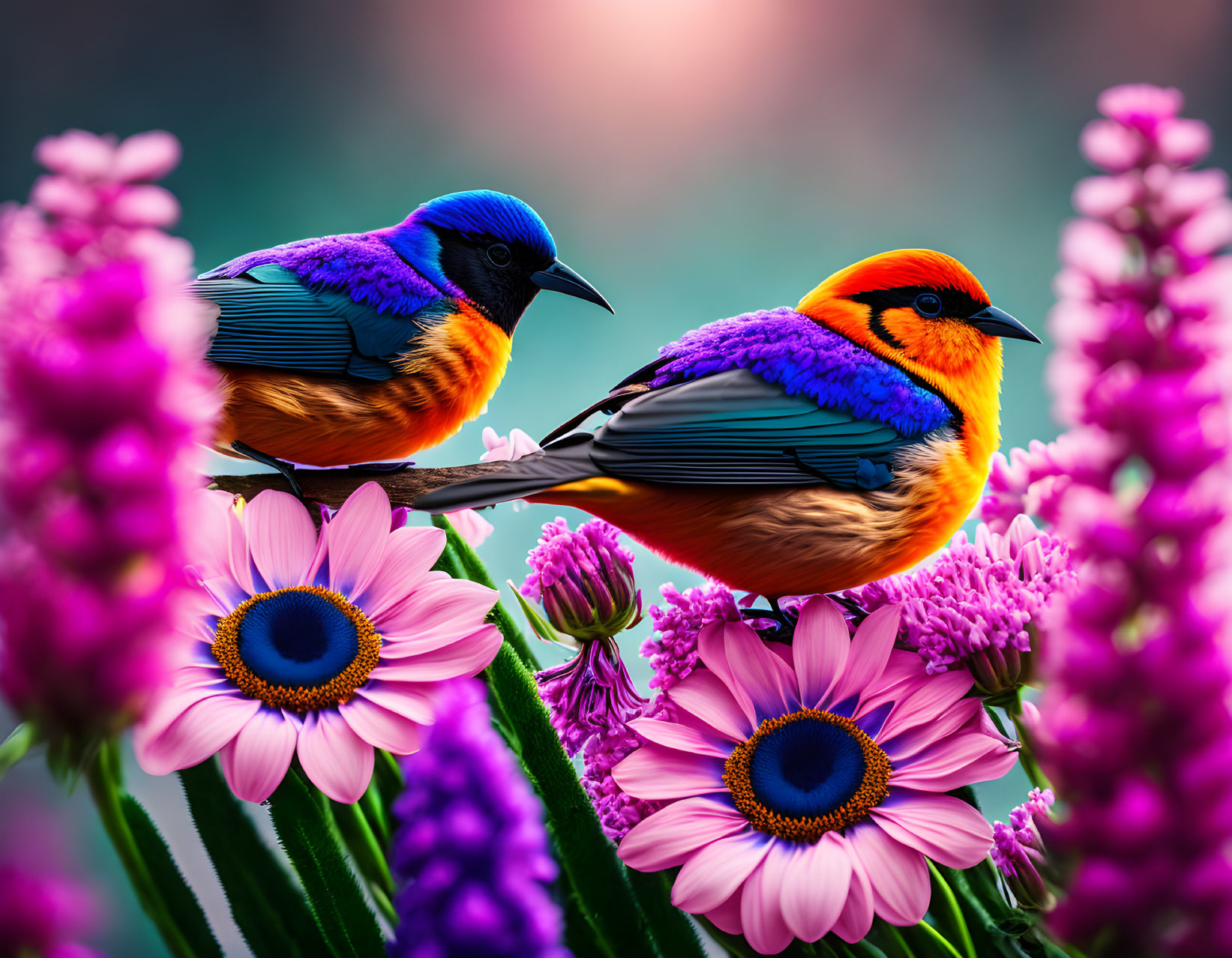 Colorful Birds Among Purple and Pink Flowers on Soft-Focus Background