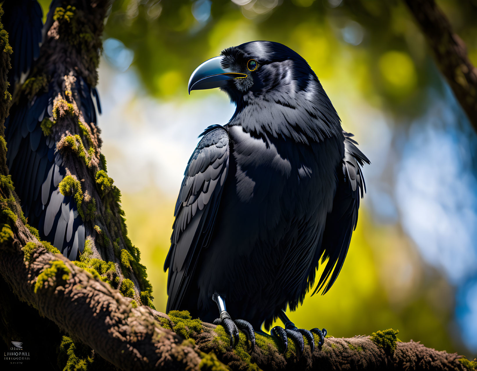 Majestic black raven on moss-covered branch with green foliage background