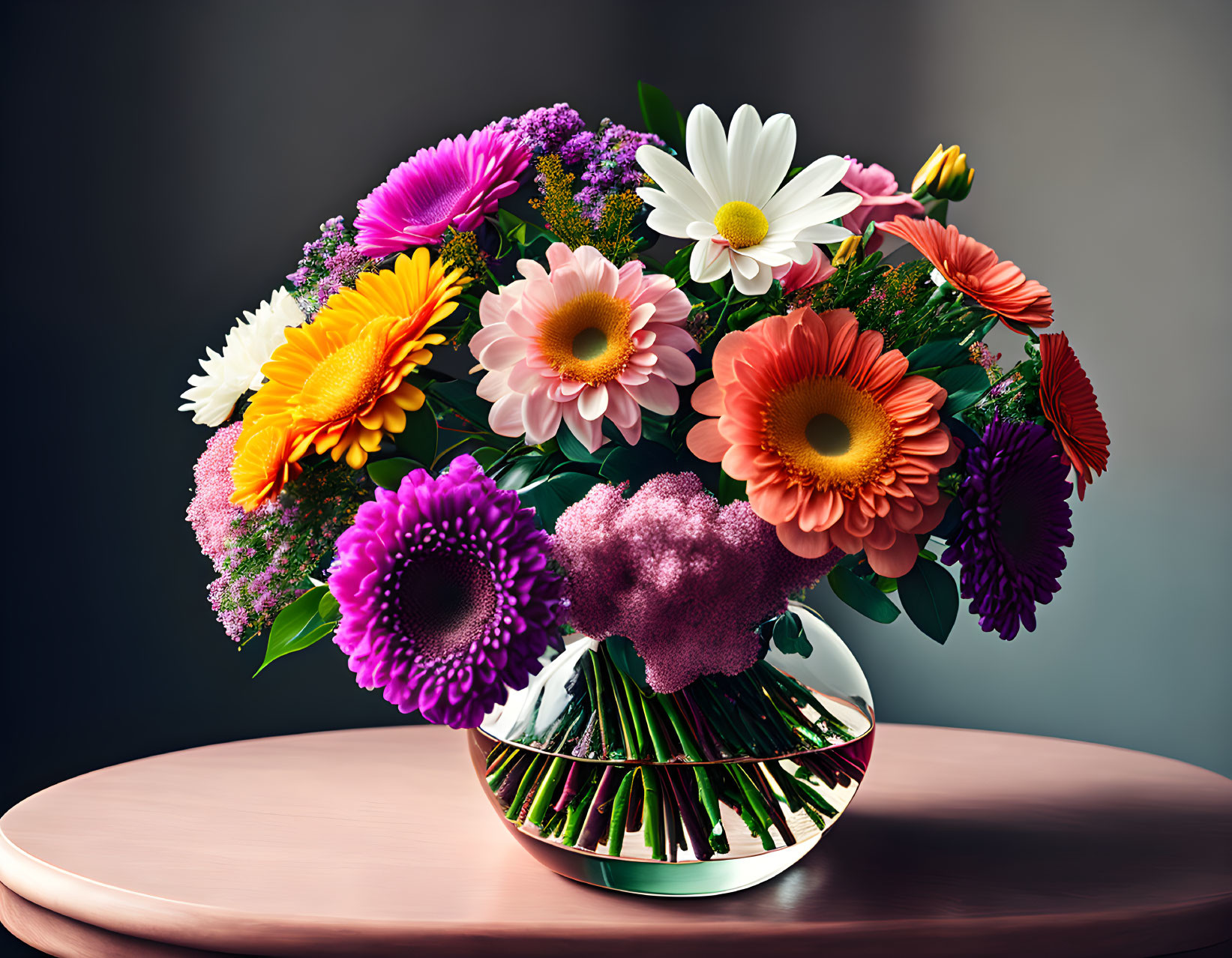 Colorful Flower Bouquet in Glass Vase on Wooden Surface