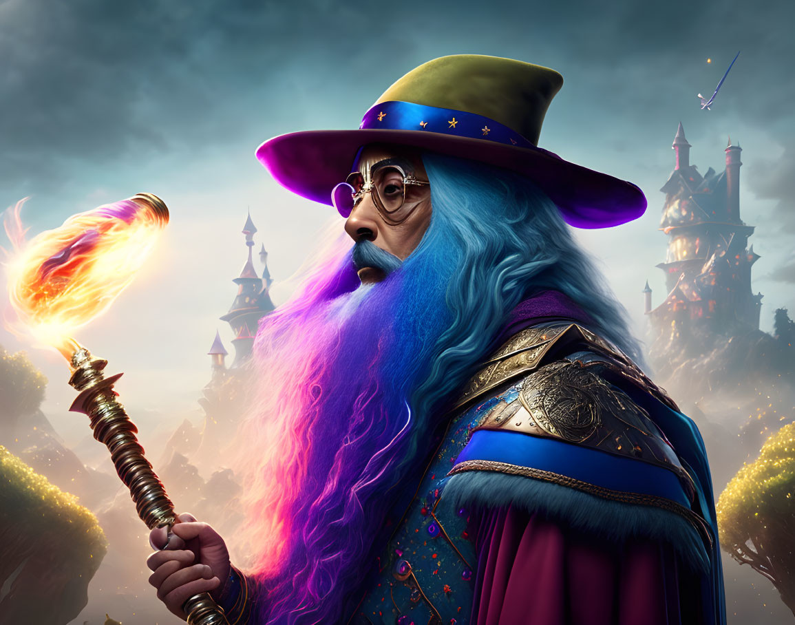 Colorful bearded wizard with flaming staff in front of castle and flying brooms