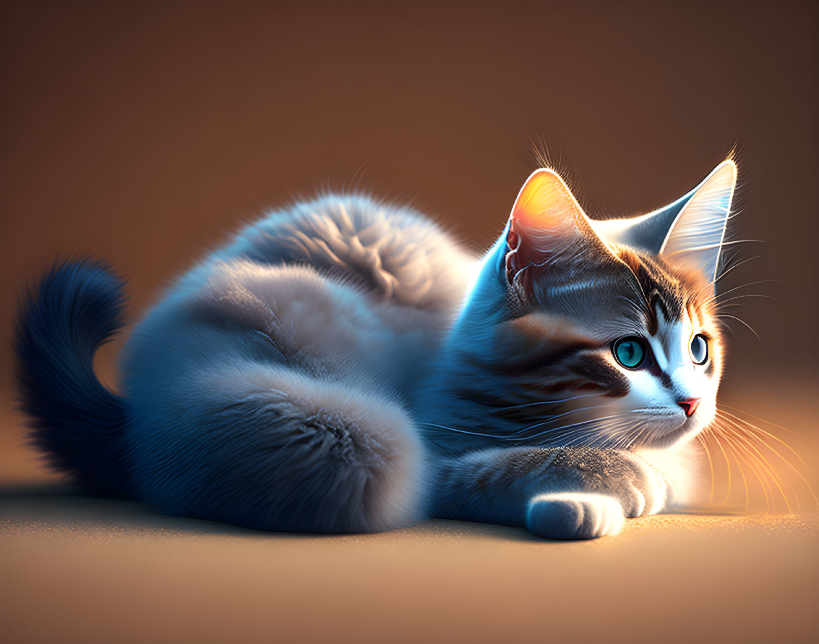 Fluffy Tabby Cat with Striking Blue Eyes in Serene Lighting