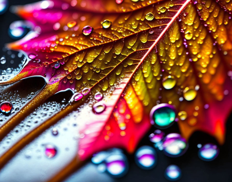 Colorful Leaf Close-Up with Water Droplets on Dark Background