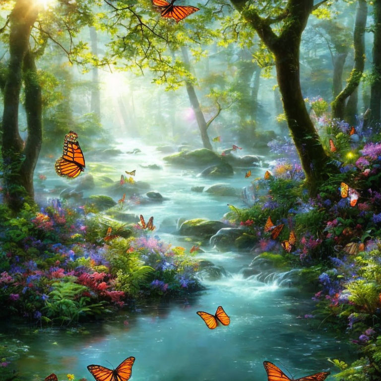 Tranquil forest stream with sun rays, butterflies, and vibrant flowers