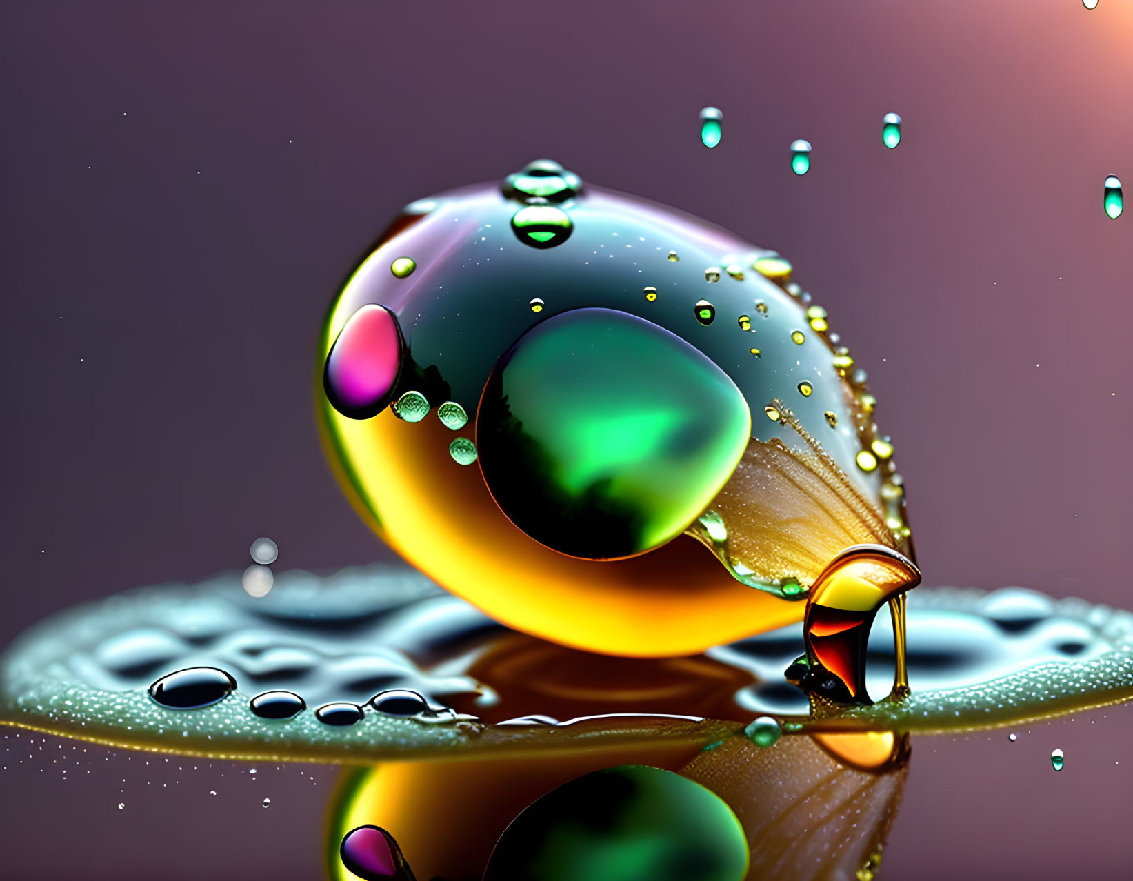 Macro shot of colorful water droplets on reflective surface with bokeh effect