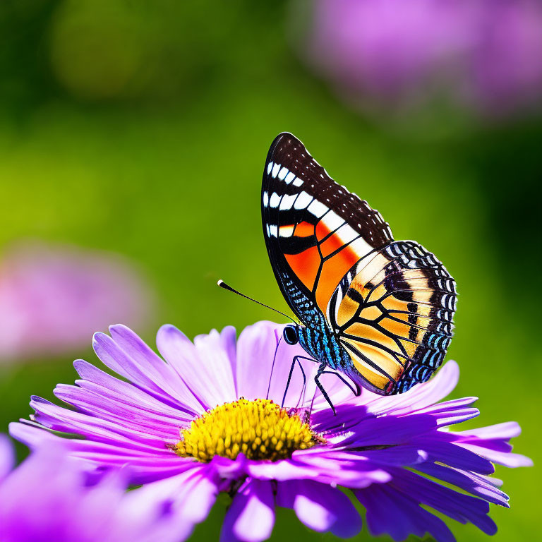 Colorful Butterfly on Purple Daisy with Yellow Center in Green and Purple Background