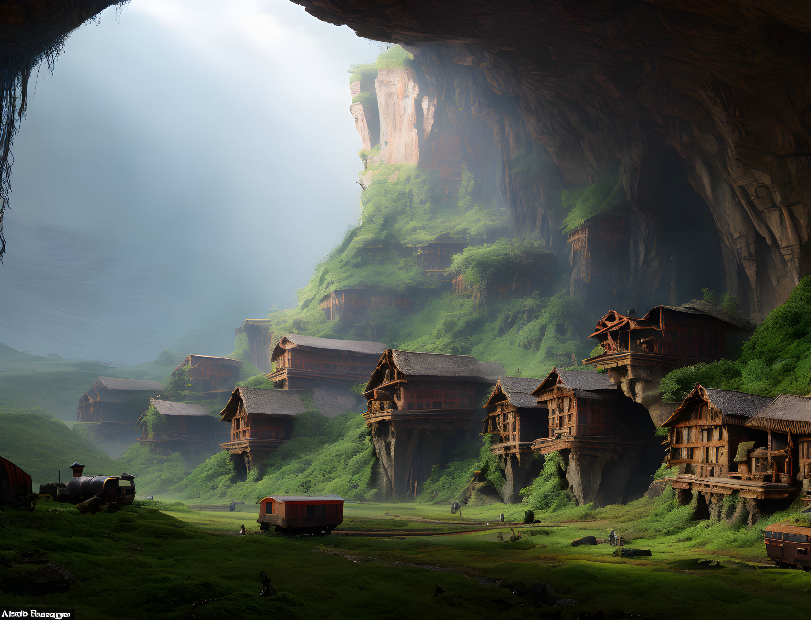 Mystical cave village with wooden houses and train in misty light