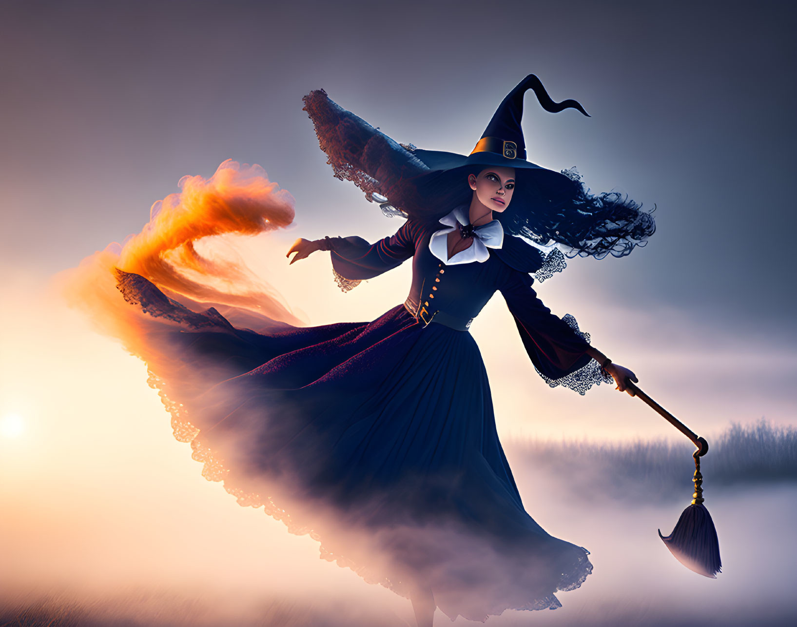 Stylized witch on broomstick in misty twilight scene