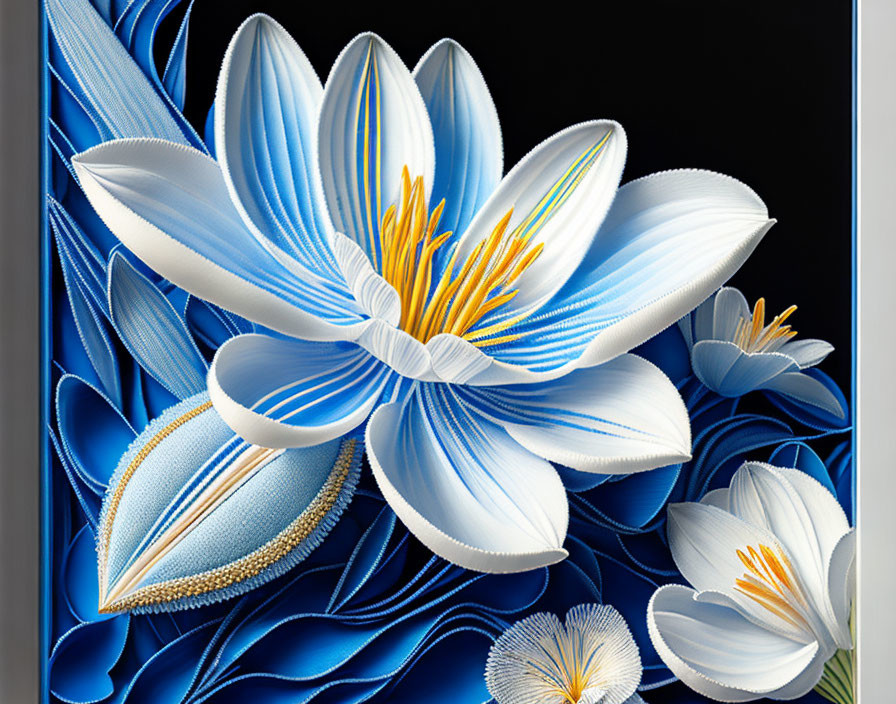 Stylized blue and white flowers with intricate patterns on dark background