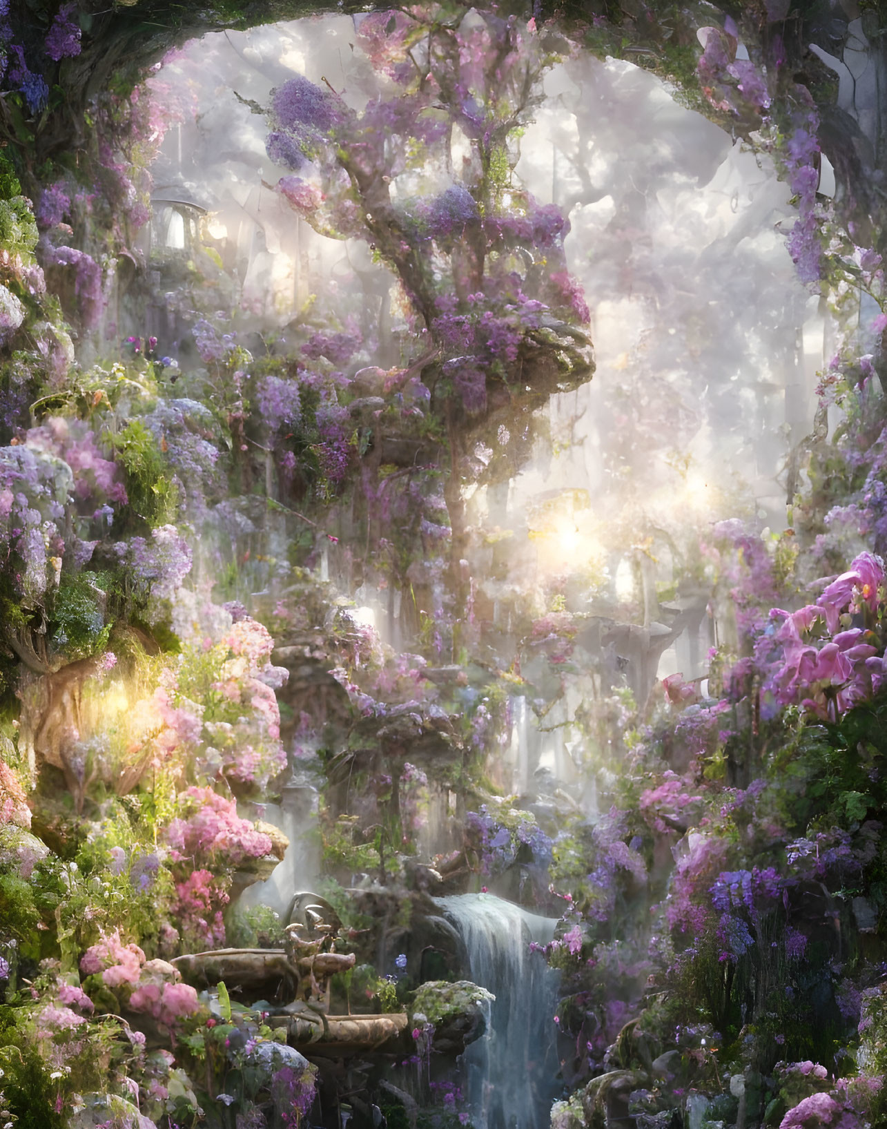 Forest scene with purple flowers, hanging vines, and a misty waterfall in soft sunlight