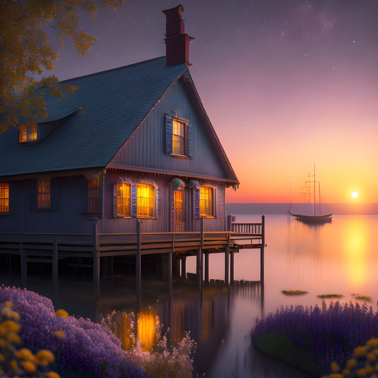 Tranquil lakeside house at twilight with dock, sailboat, and starlit sky