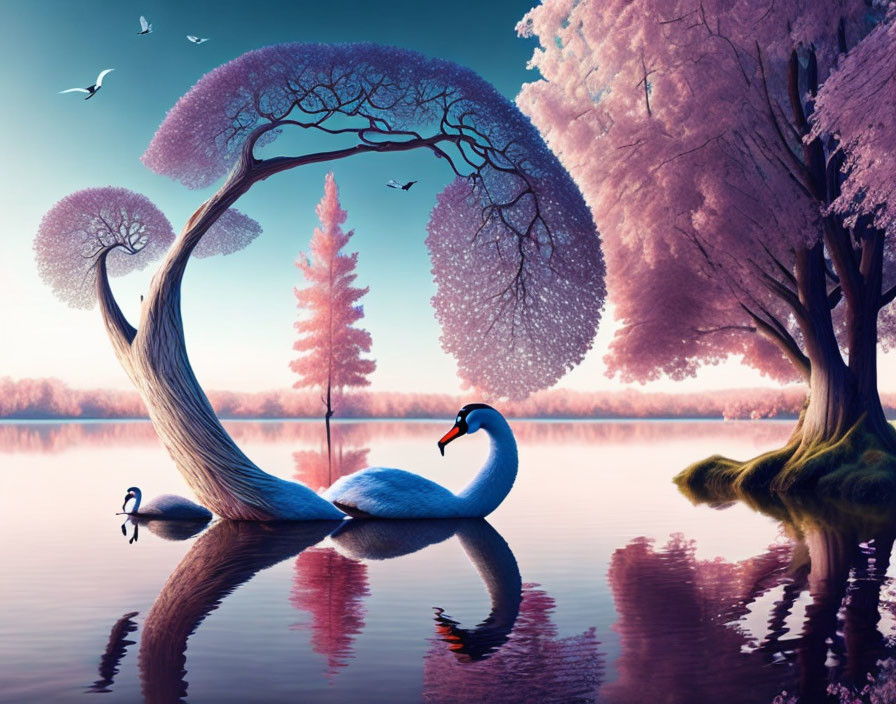 Surreal landscape with swans, reflective lake, looped trees, pink foliage, and twilight