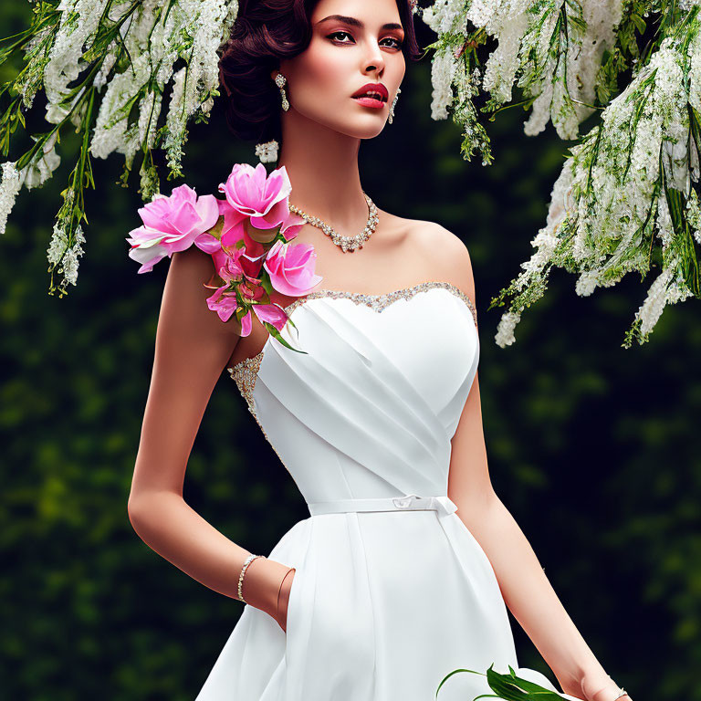 Bride in white wedding gown with jewelry and pink flowers on green backdrop