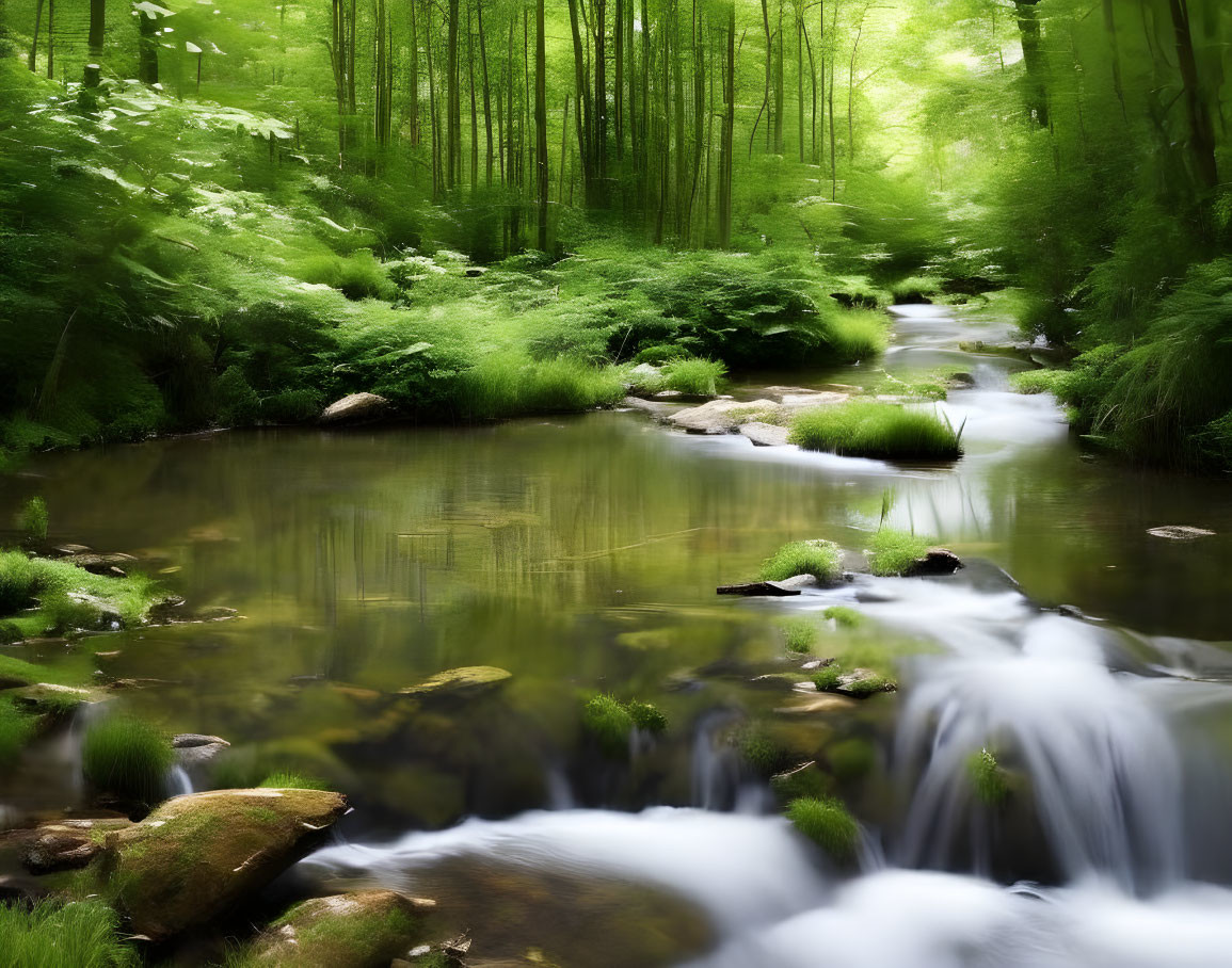 Tranquil stream in lush forest with waterfall and sunlight