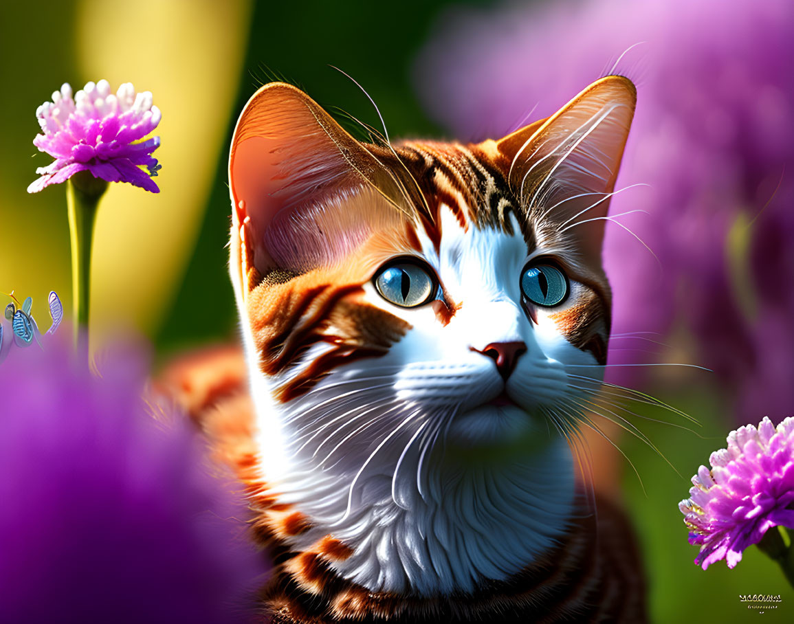 Detailed Image: Striking Cat with Blue Eyes and Striped Fur Among Purple Flowers