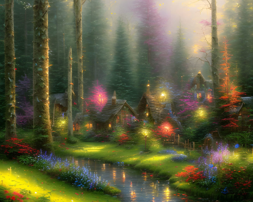 Ethereal forest scene with cozy cottages, stream, flowers, misty canopy