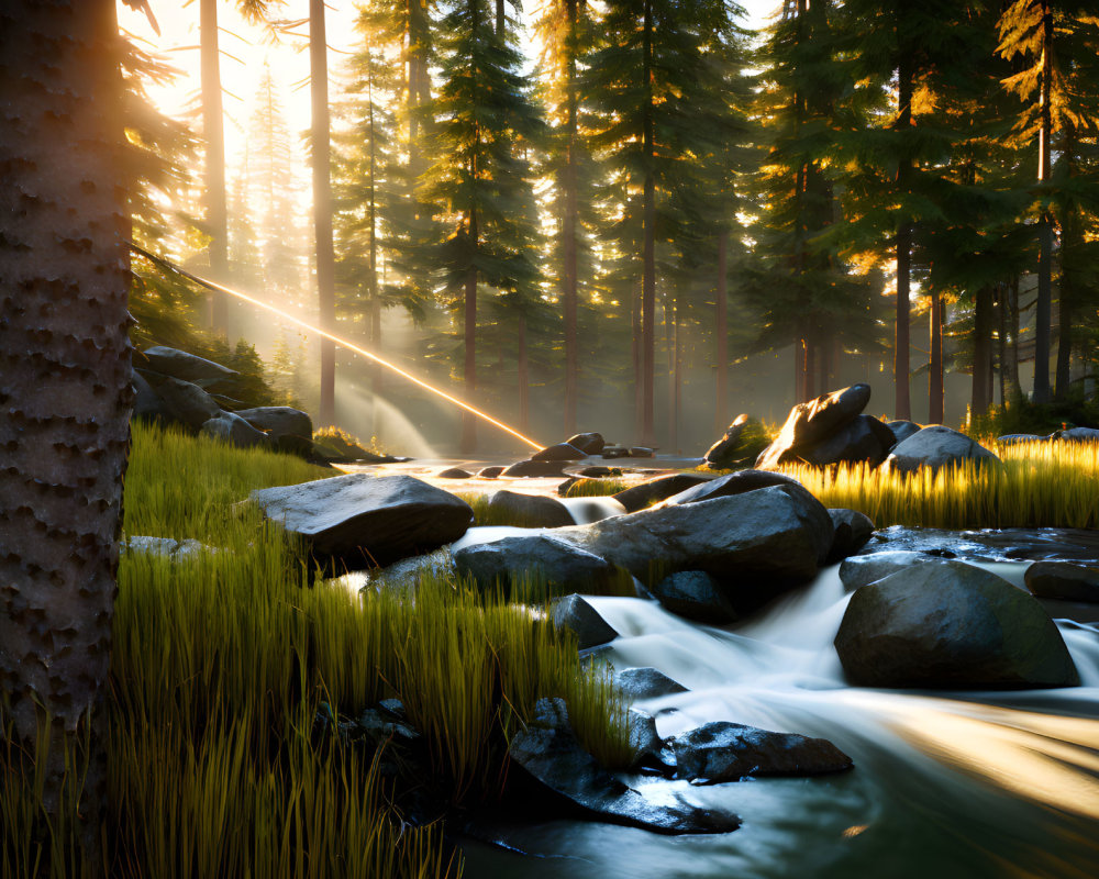Forest Stream with Sunlight Filtering Through Trees