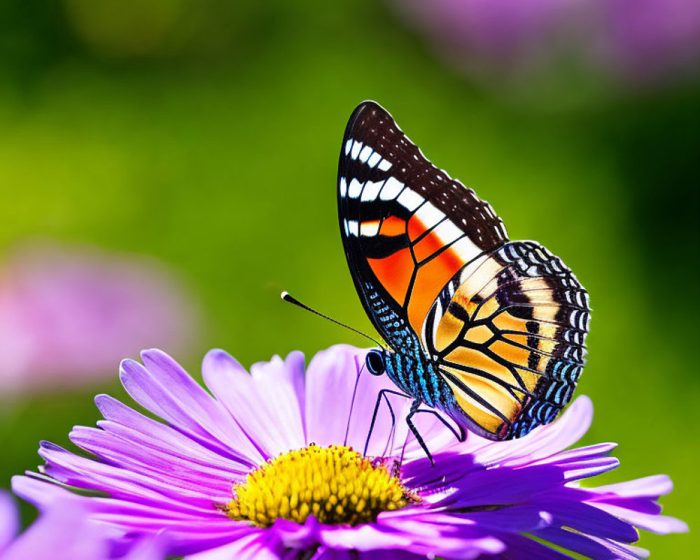 Colorful Butterfly on Purple Daisy with Yellow Center in Green and Purple Background