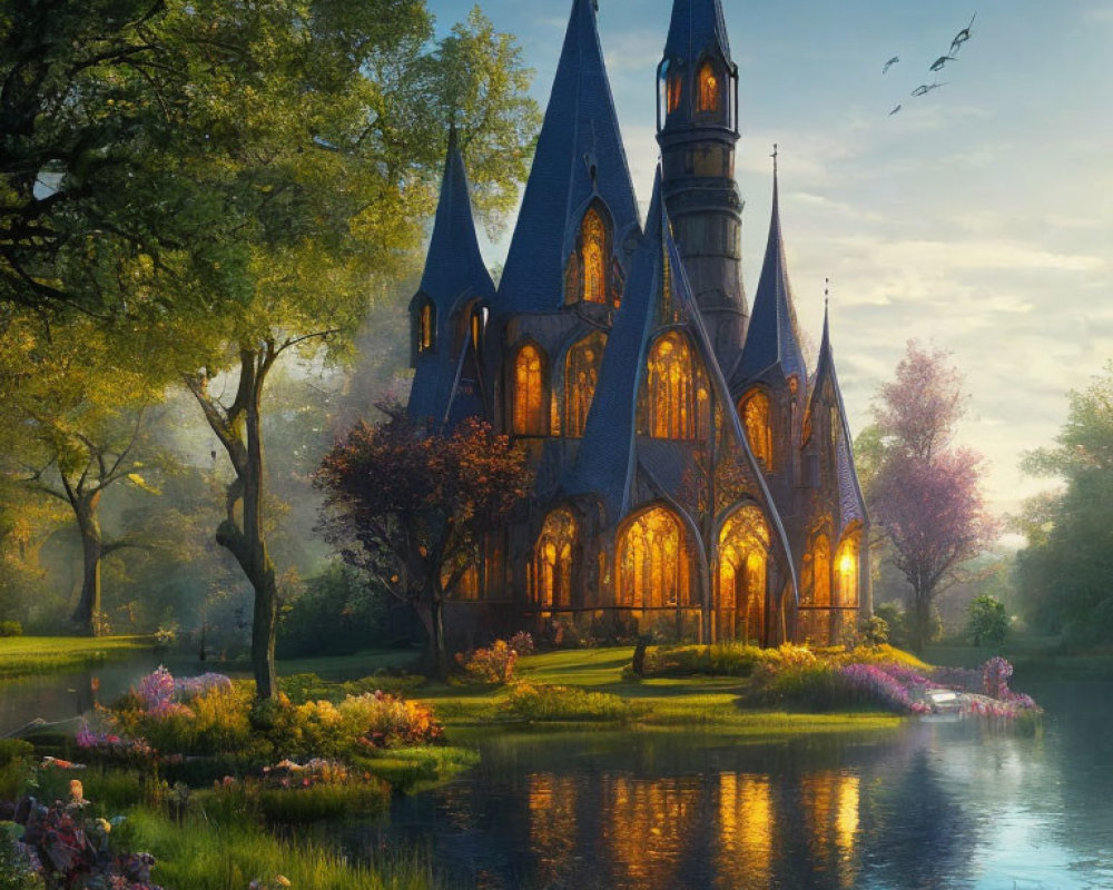 Gothic castle with lush gardens, pond, and warm sunlight at dusk