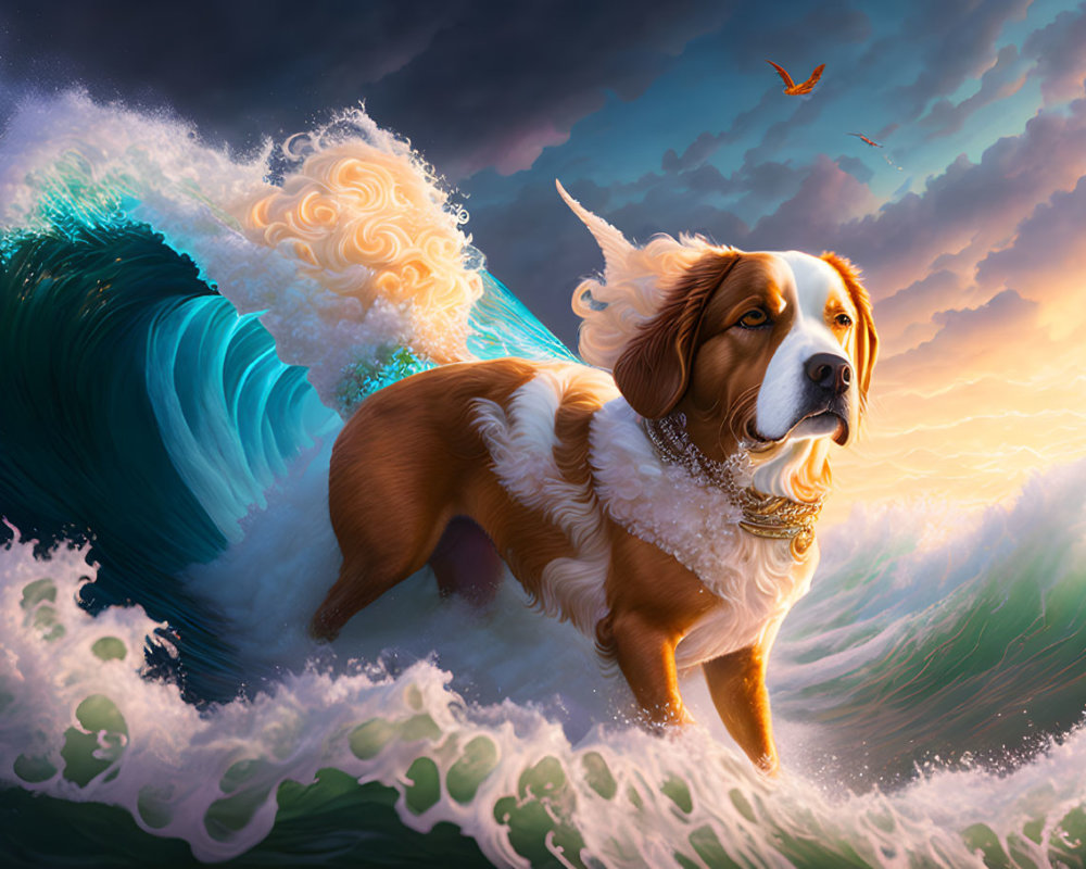 Majestic dog with wavy brown and white fur on cresting wave
