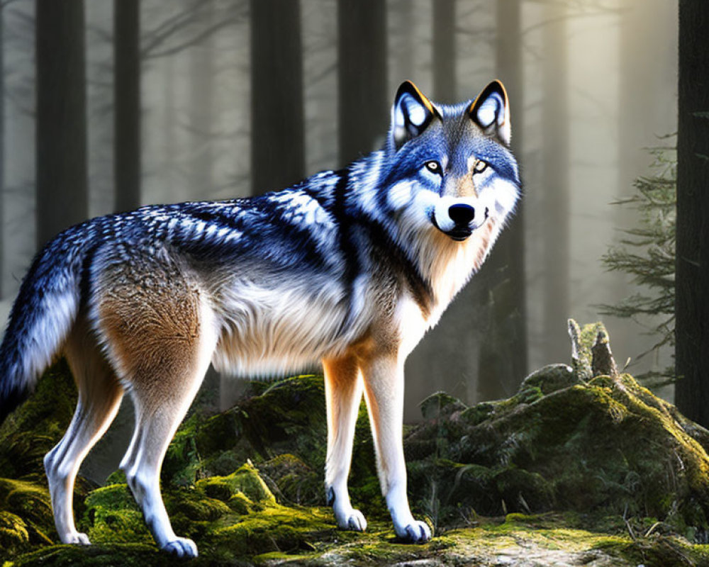 Alert wolf in sunlit forest with thick coat and moss-covered ground.
