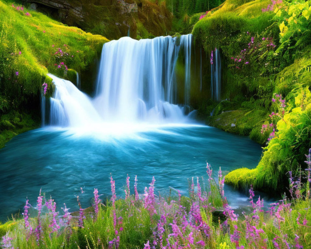 Scenic landscape with cascading waterfall and wildflowers
