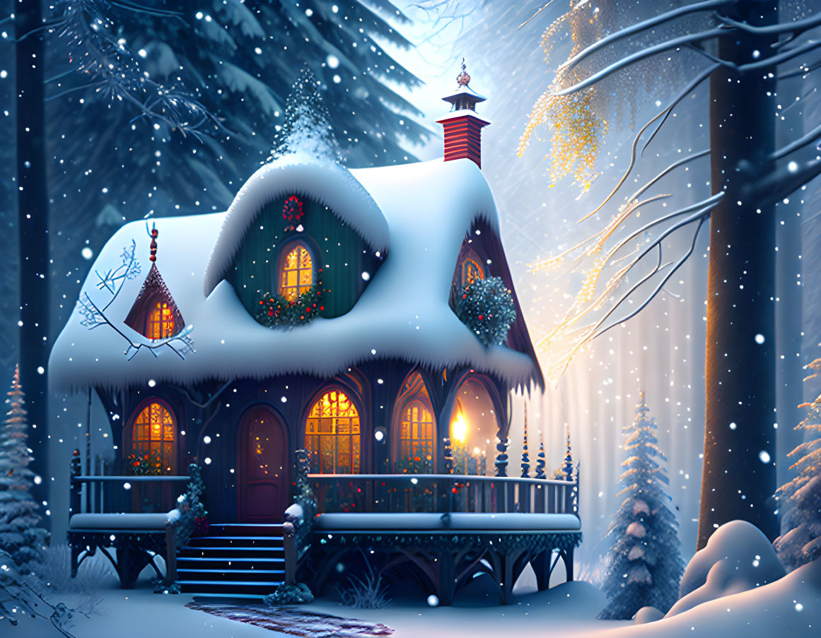 Snowy forest scene: Cozy cottage in twilight with glowing windows