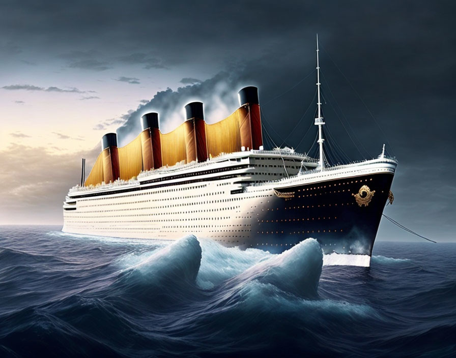 Ocean liner with four funnels in rough seas at dusk