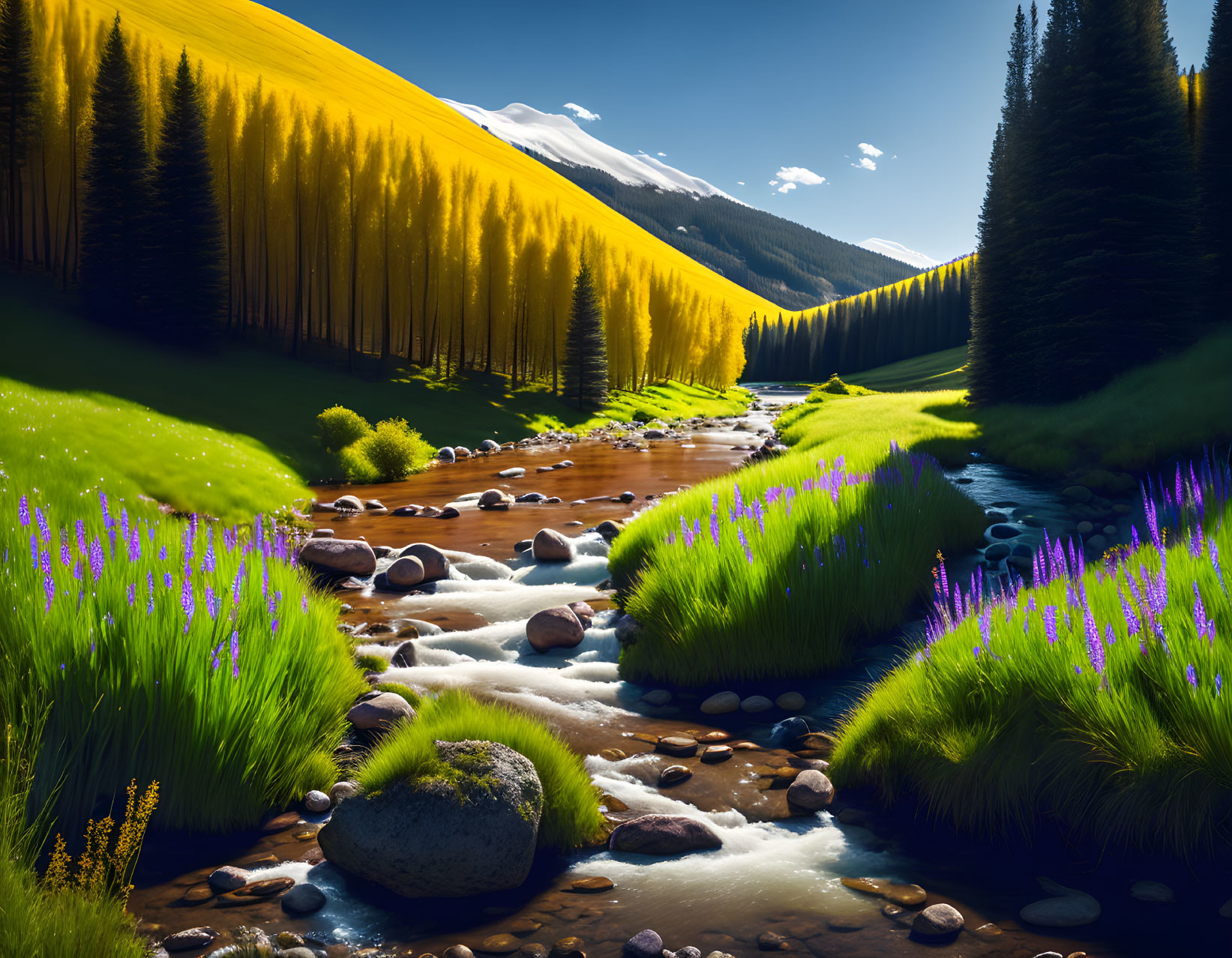 Tranquil river in vibrant valley with purple wildflowers and golden trees