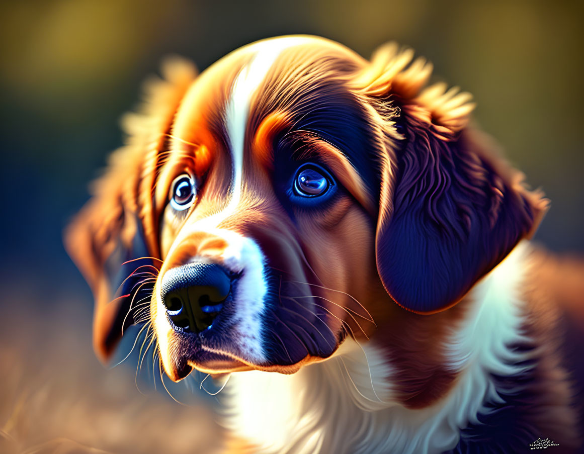 Close-Up of Bernese Mountain Dog Puppy with Shiny Eyes in Vivid Artistic Style