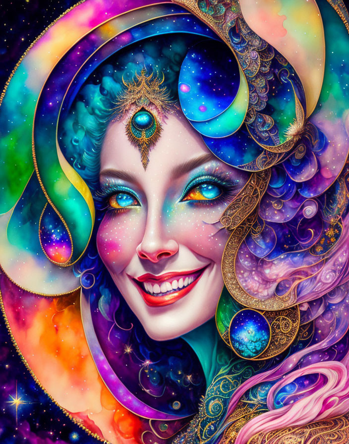 Colorful digital artwork of woman with cosmic theme and galaxy-filled headdress