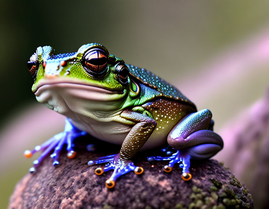 Vibrant blue-footed frog with dotted skin on a rock, focused gaze.